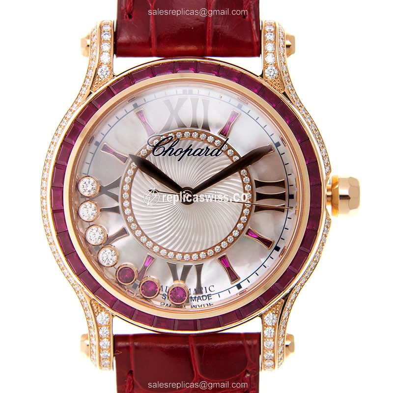 Chopard Happy Sport Replica - Automatic - 18kt White Gold - Ruby Dial - Red Alligator Strap
